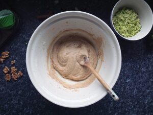 Photo of mixing bowl with cupcake batter in it.