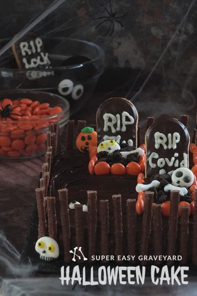 Pinterest pin image of Halloween cake recipe.