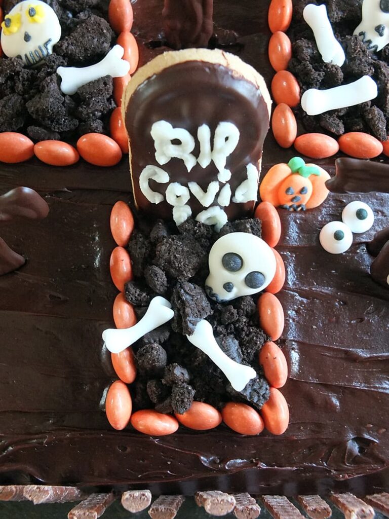 Top down image of Halloween graveyard cake.