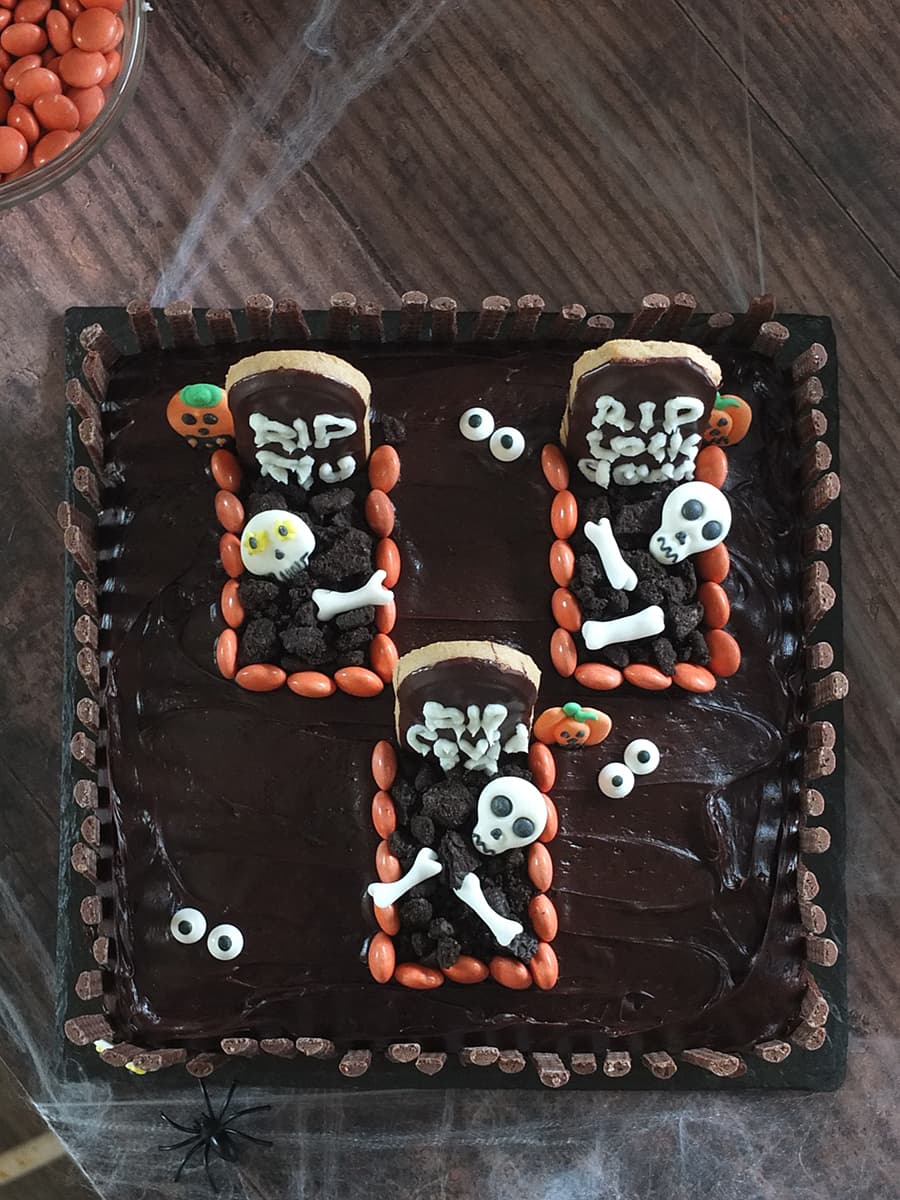 Top down image of Halloween graveyard cake. 