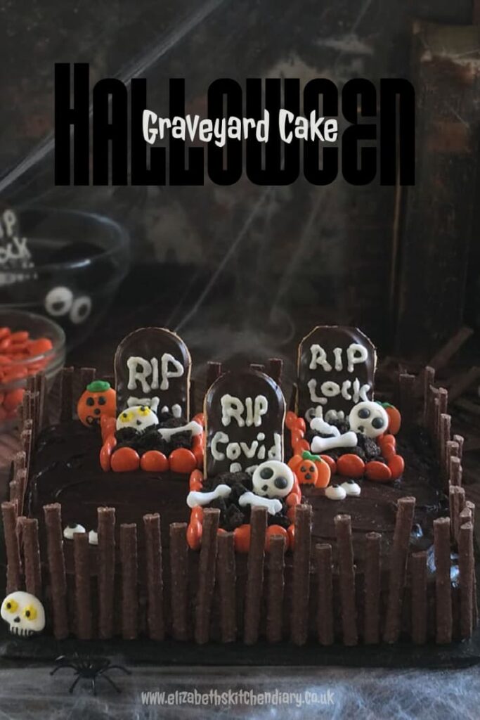 Pinterest pin image of Halloween cake recipe.