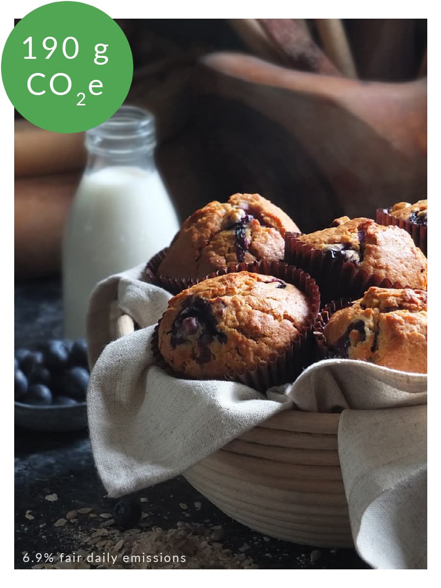 Image of blueberry muffins with carbon footprint labelling.