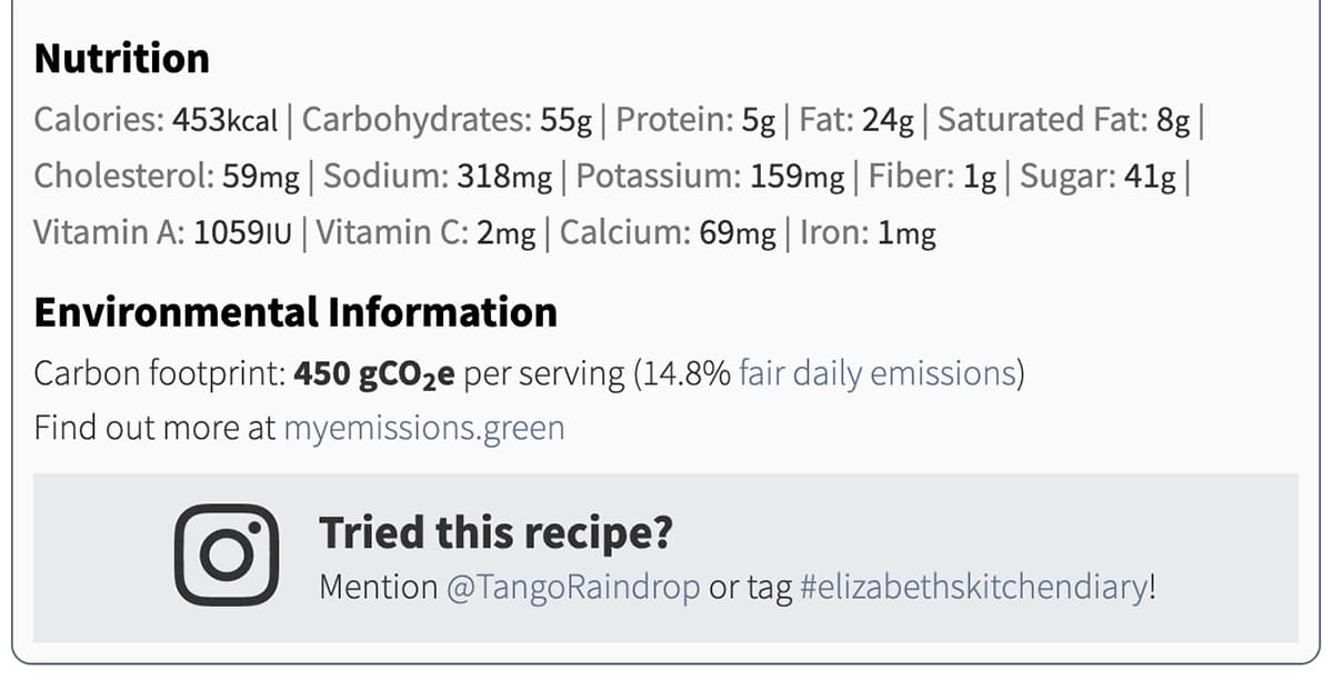 Screenshot of carbon label on a food blog recipe.