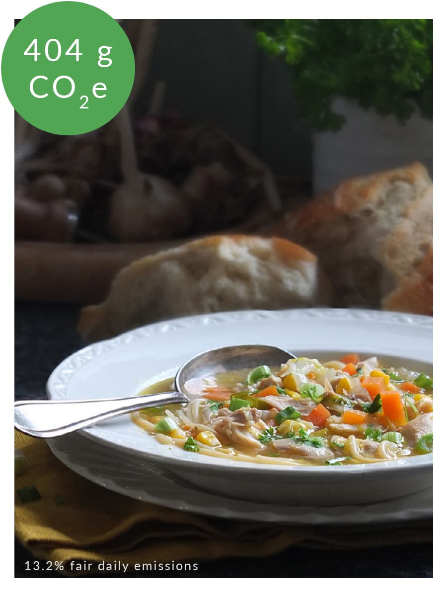 Image of leftover roast chicken noodle soup with carbon emissions labelling in top left hand corner. 