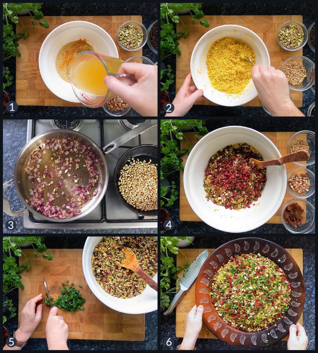 Step by step photo collage how to make jewelled couscous.