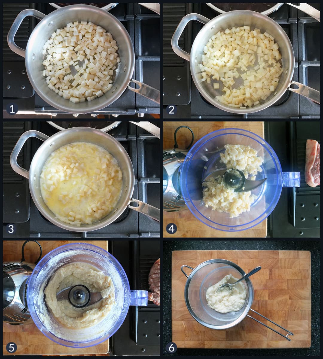Step by step collage showing how to make celeriac puree.