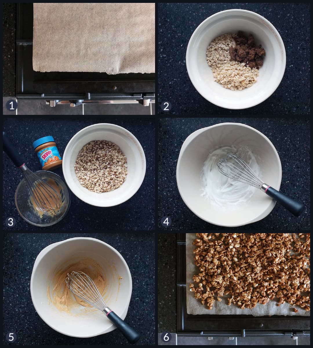 Six step collage about how to make peanut butter granola.