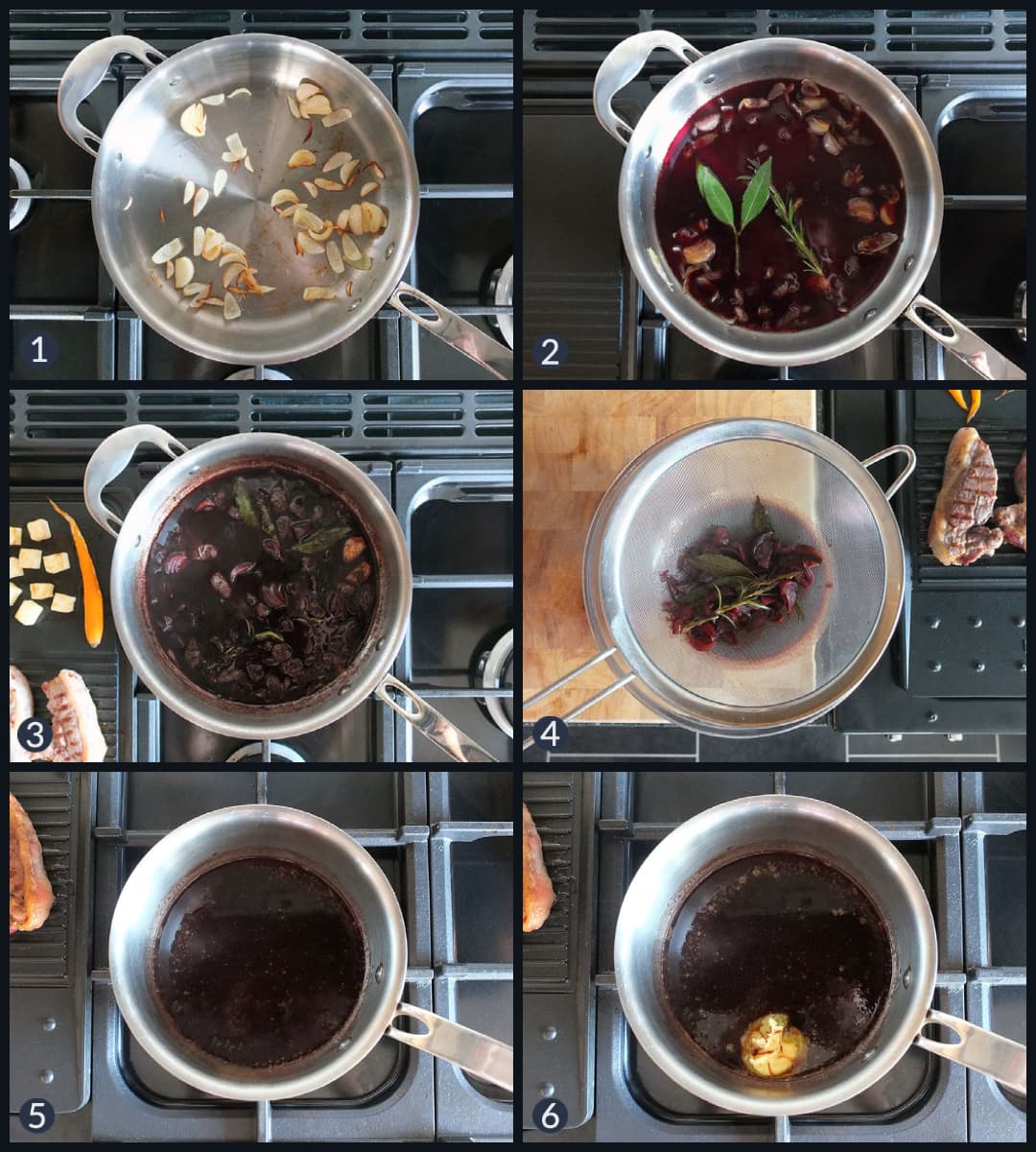 Six step collage image how to make red wine jus.