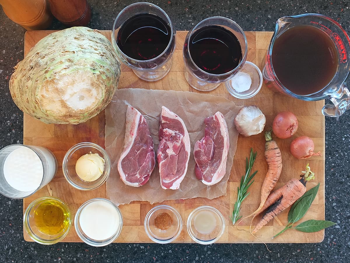 Photograph of the ingredients needed to make a romantic lamb meal for two people.