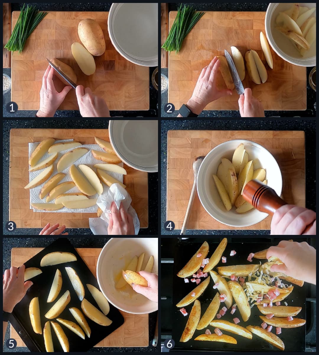 Six step collage showing how to make cheesy bacon potato wedges.