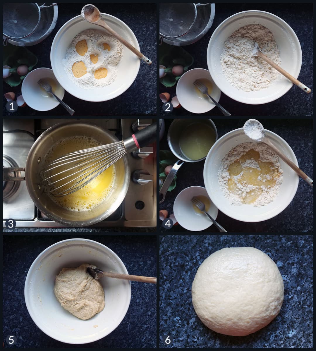Step by step collage showing how to make hot water crust pastry from scratch.