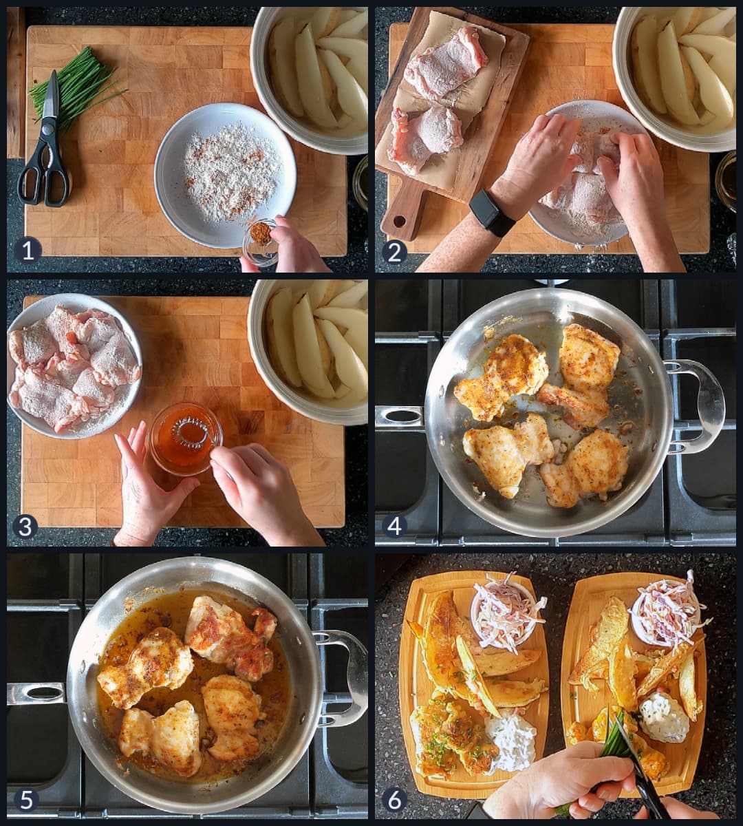 Six step collage image depicting the different steps to making a Superbowl chicken recipe.