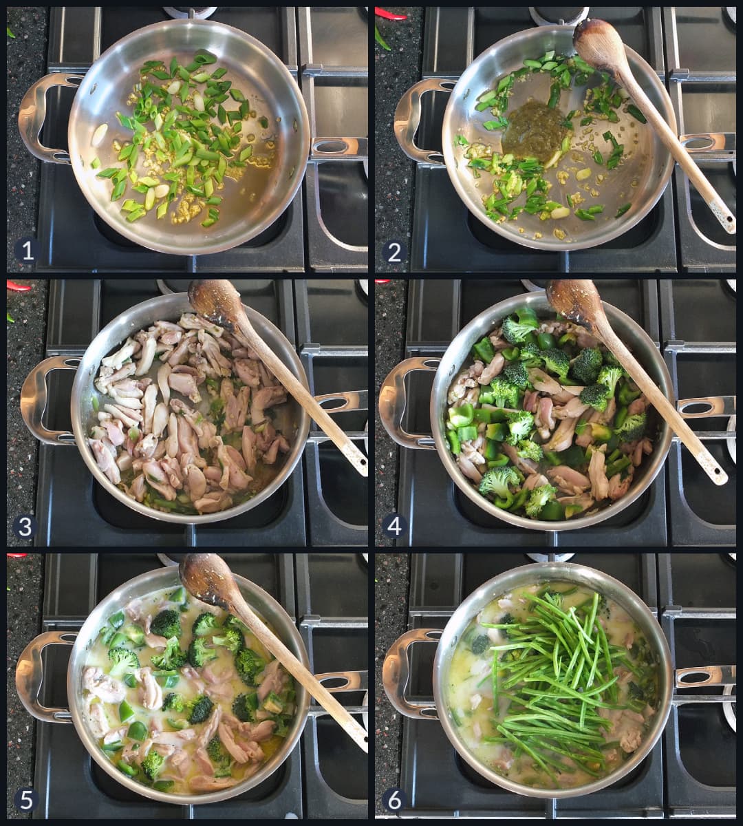 Six step collage showing how to make a Thai green curry from scratch. Images depict cooking steps on a Rangemaster stove top.