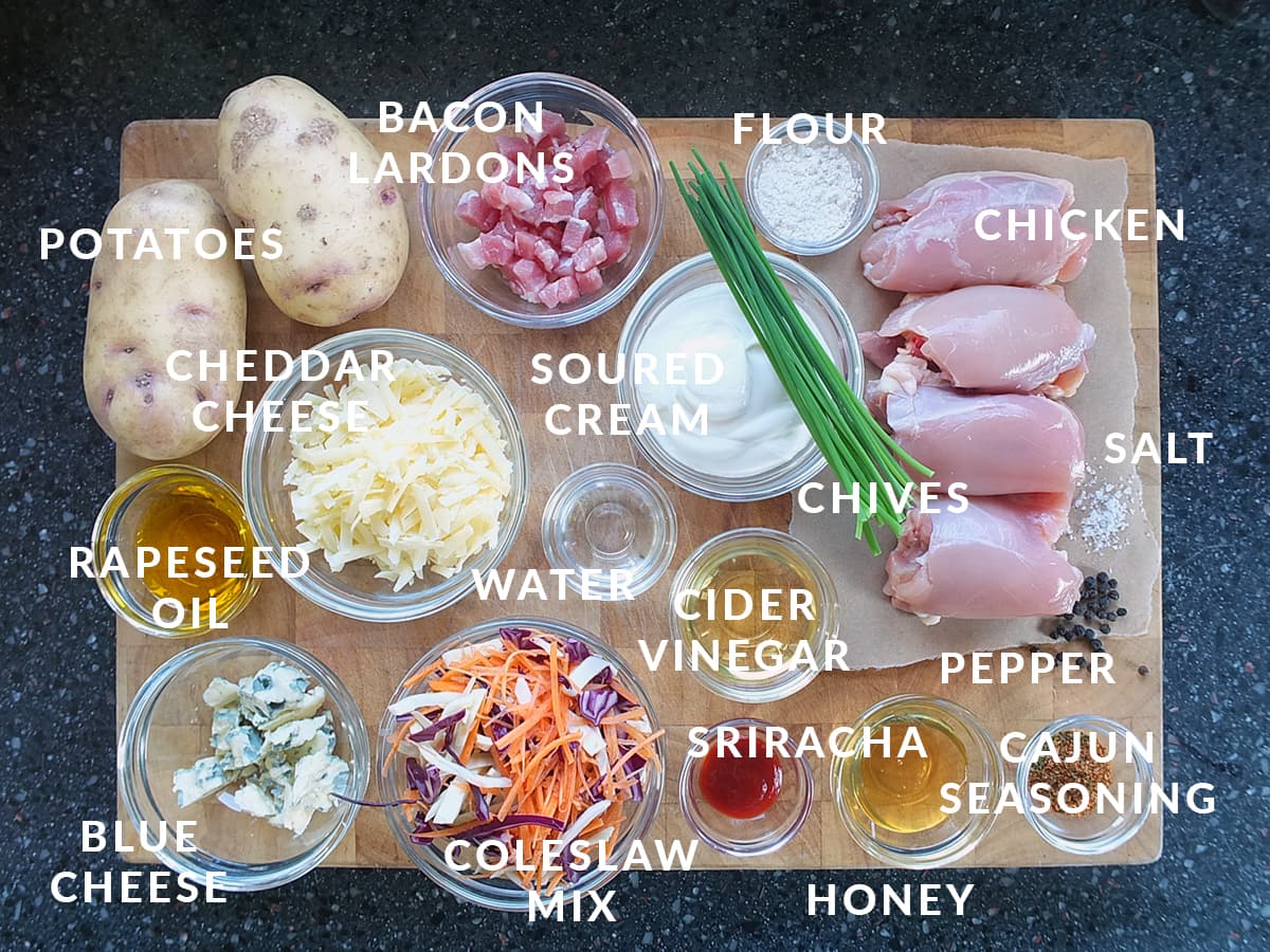 Top down labelled image of all the ingredients needed to make this recipe.