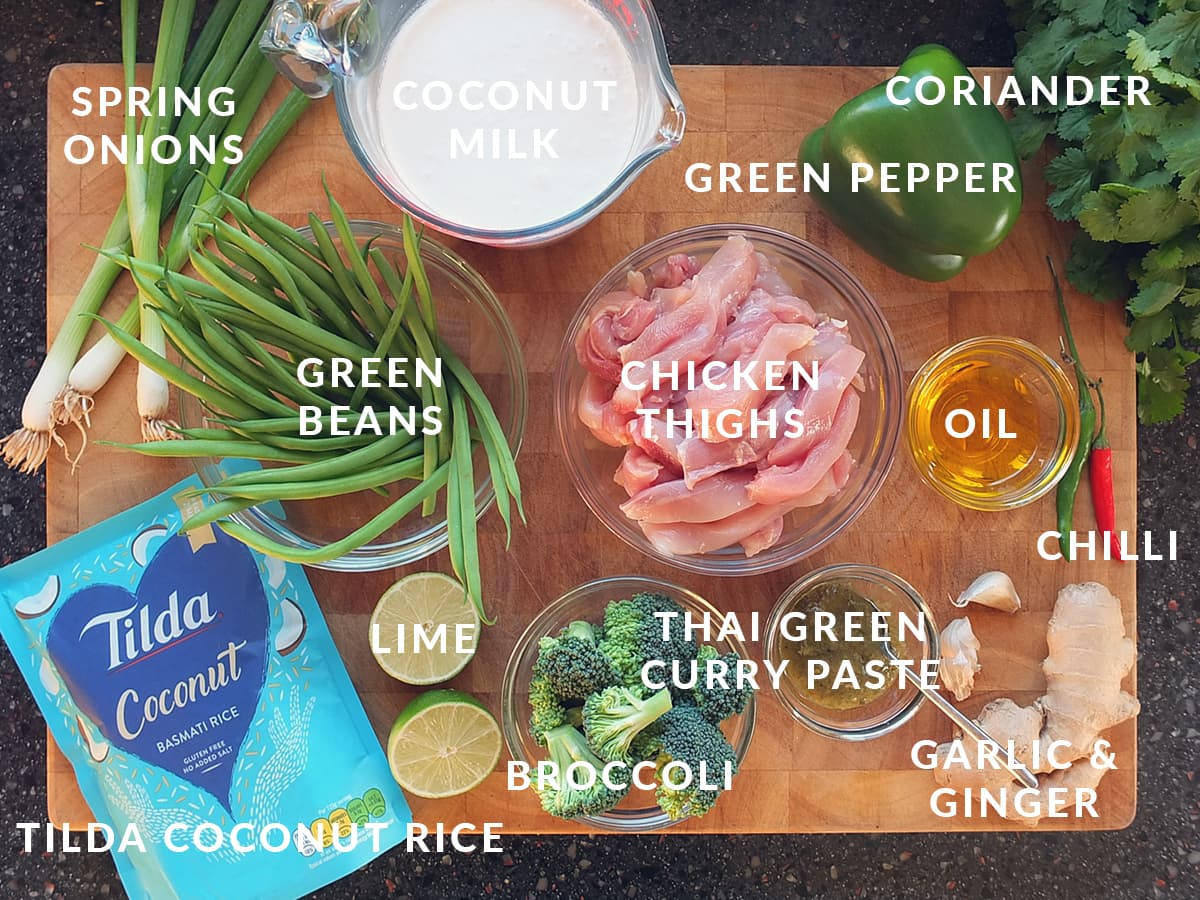 Top down image of all the ingredients needed for this easy Thai Green Curry recipe.