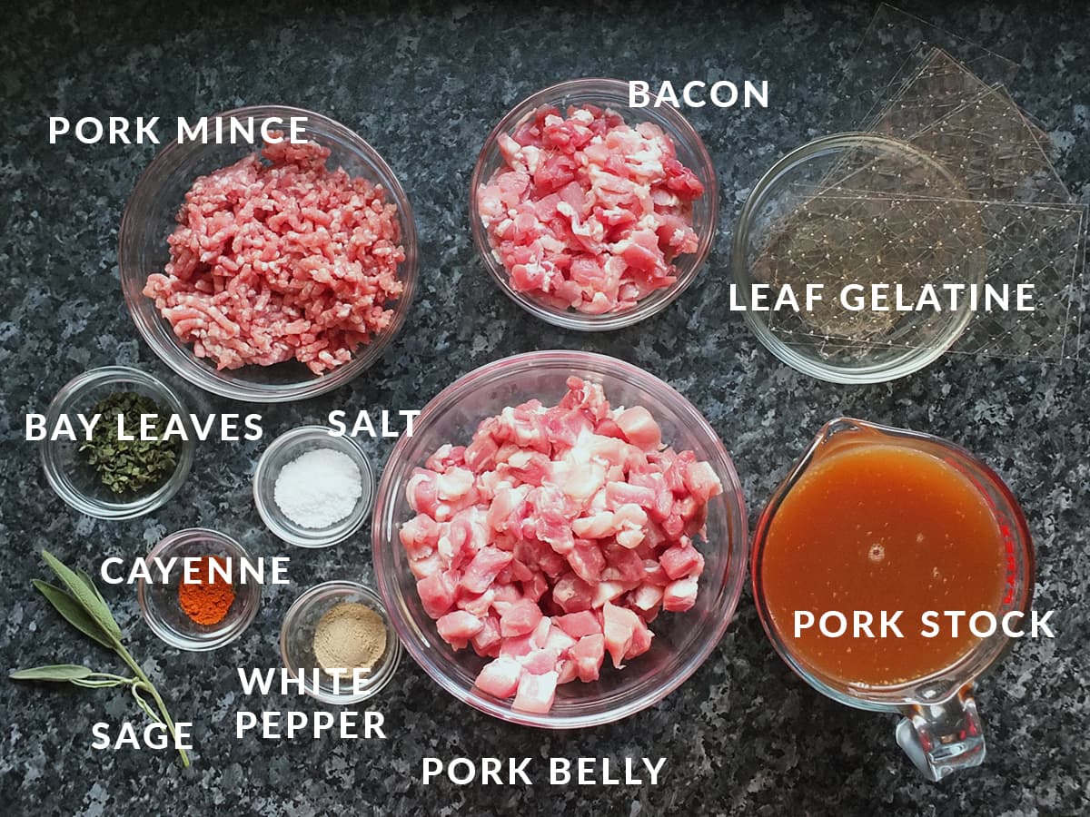 Top down image of the ingredients used to fill a pork pie.