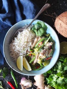 Image of Thai green chicken curry in a bowl.