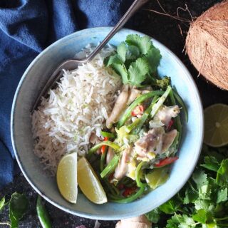 Image of Thai green chicken curry in a bowl.
