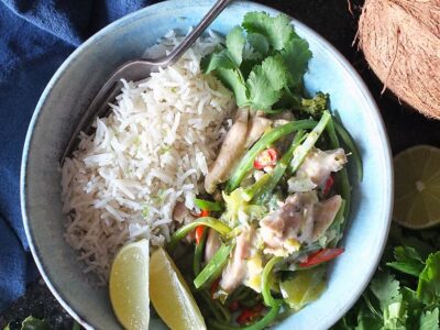 Image of Thai green chicken curry in a bowl.