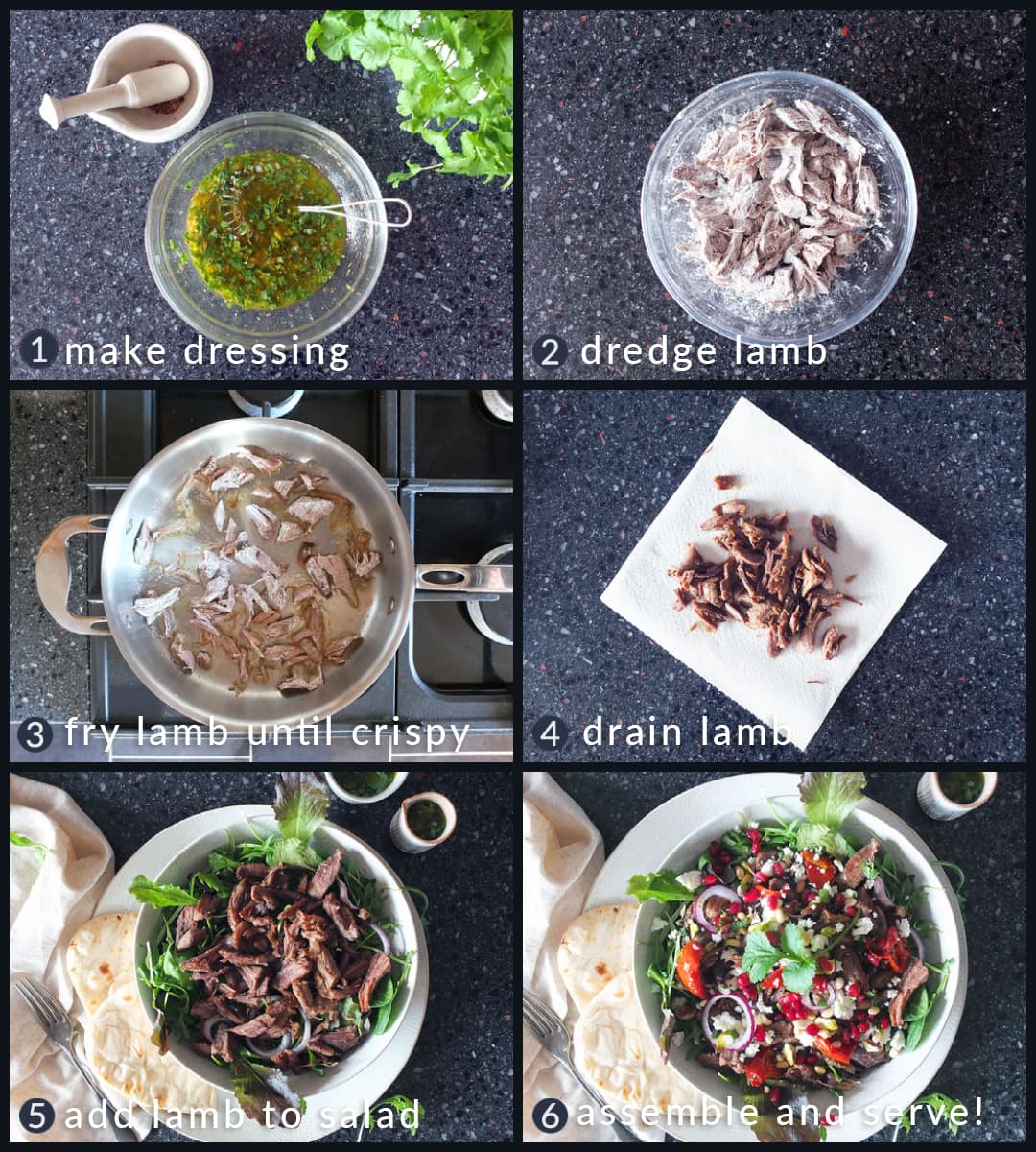 Six step collage image depicting how to make a crispy lamb salad.