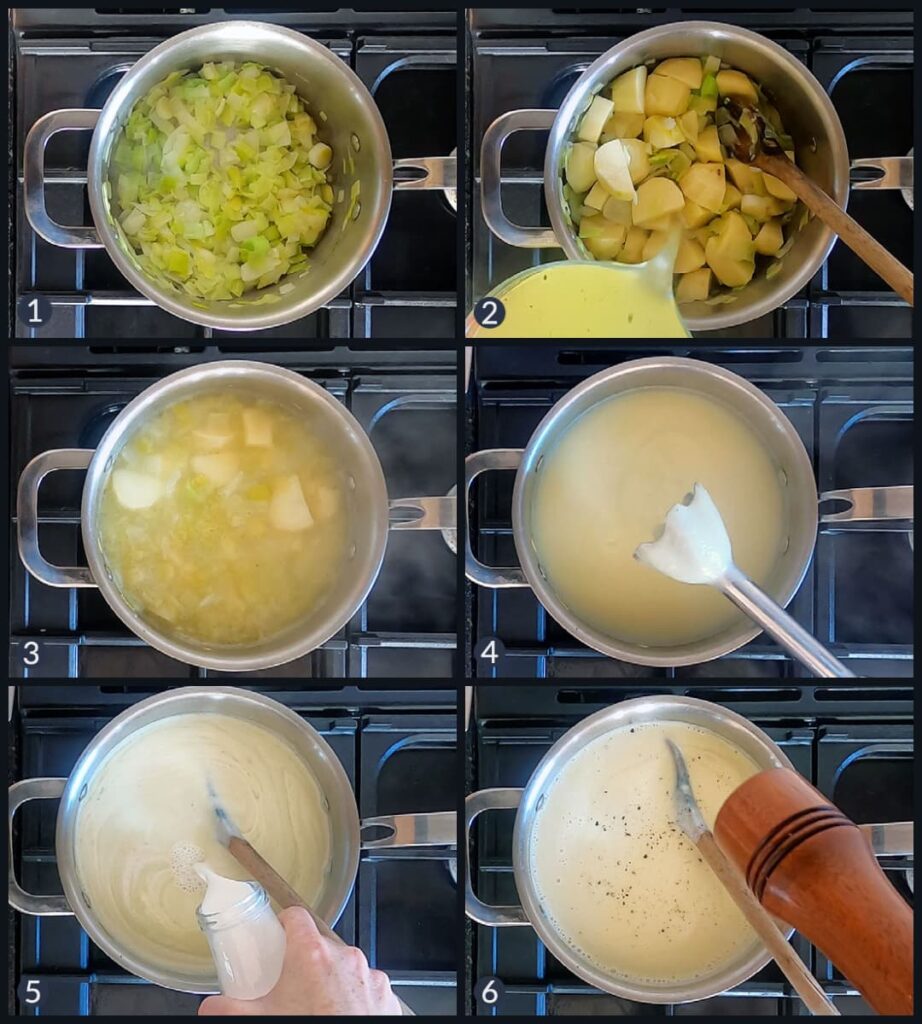 Collage image showing the six steps needed to make potato and leek soup. 