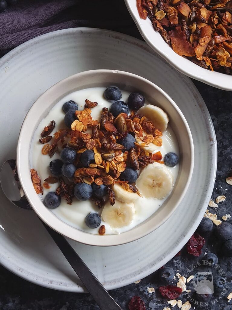 Top down image of a breakfast bowl with cricket granola made with edible crickets packed full of cricket protein.