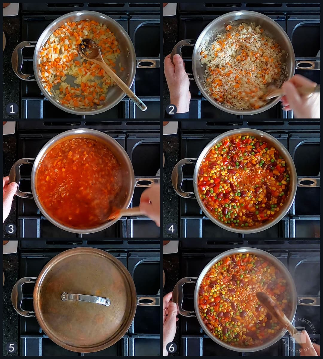 Top down collage of the six steps needed to make this super easy recipe. 