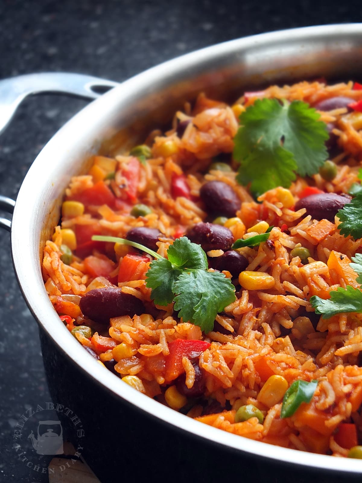 Close up pan view of spicy Mexican rice and beans.