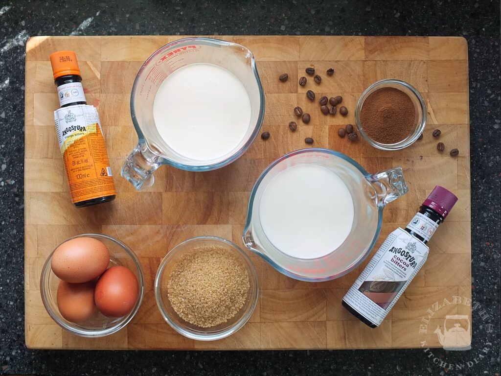 Top down image of the ingredients needed to make coffee ice cream from scratch.