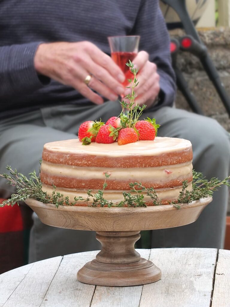 Image of a strawberry and thyme birthday cake.