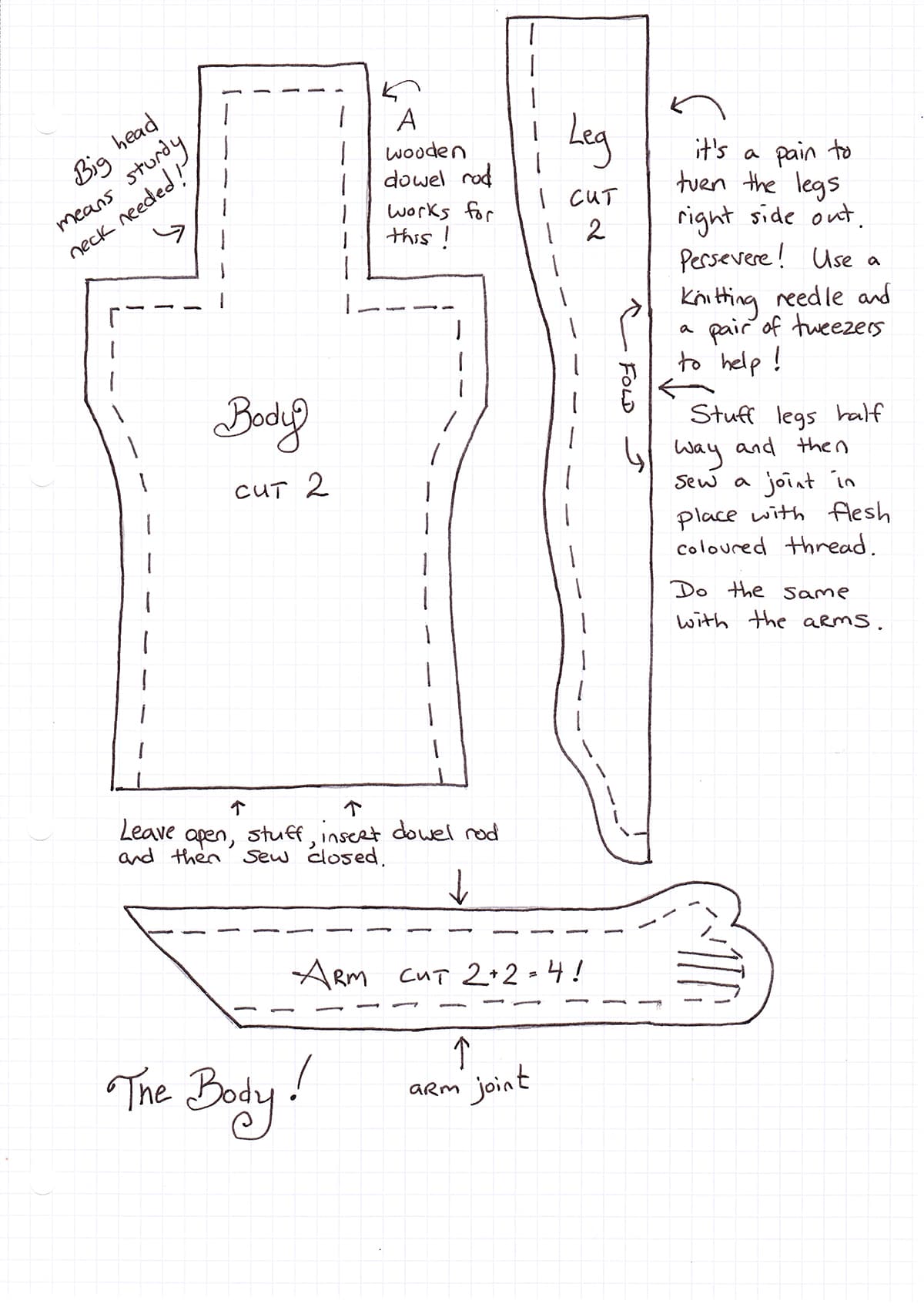 Image of the pattern for a fabric Coraline doll body.