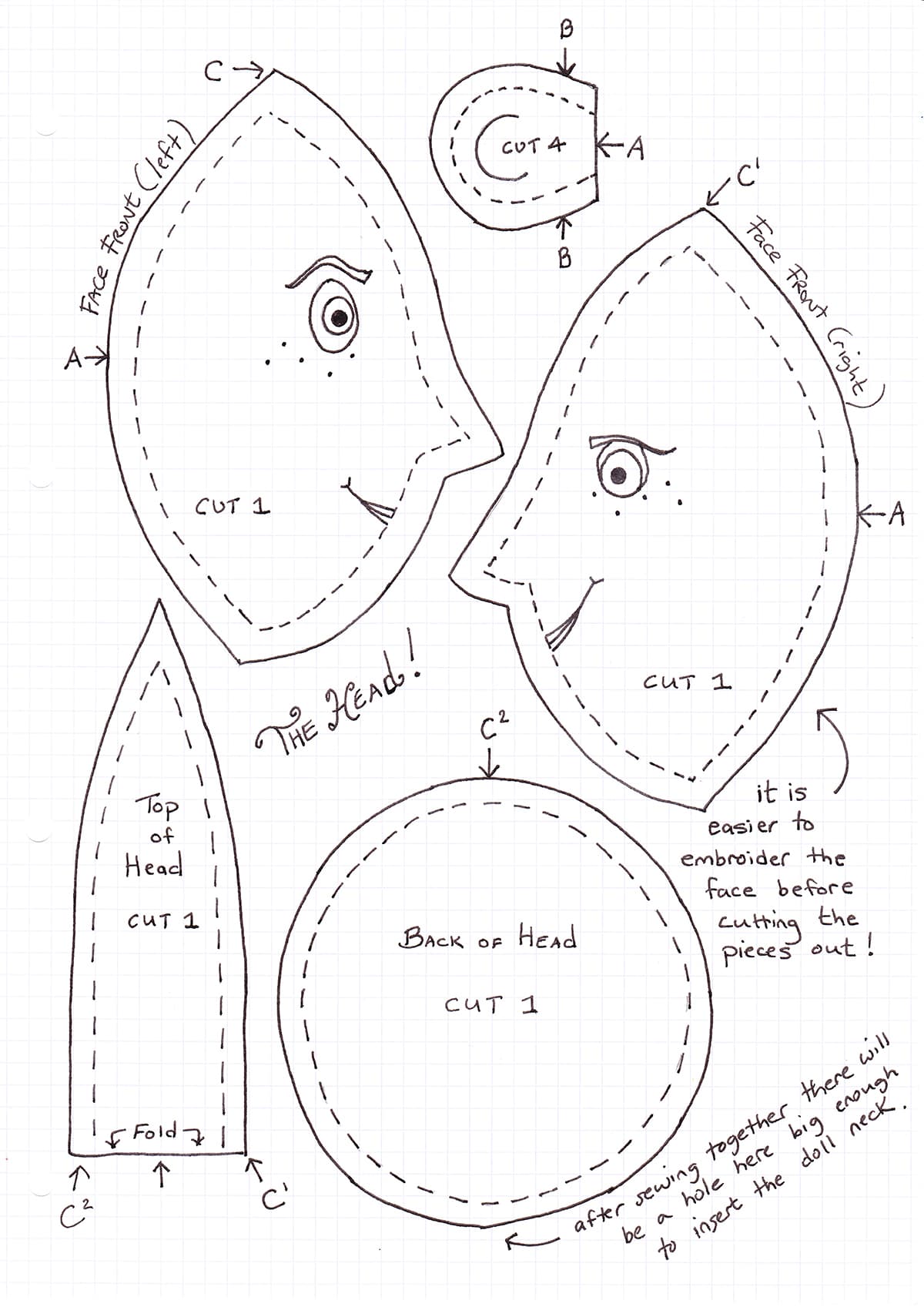 Image of the pattern to make the head for a fabric Coraline doll.