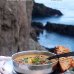 Pinterest pin for chorizo meatball and kale chowder recipe.