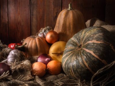 Elizabeth's Kitchen Diary category header image for vegetable recipes showing an Autumnal selection of vegetables.