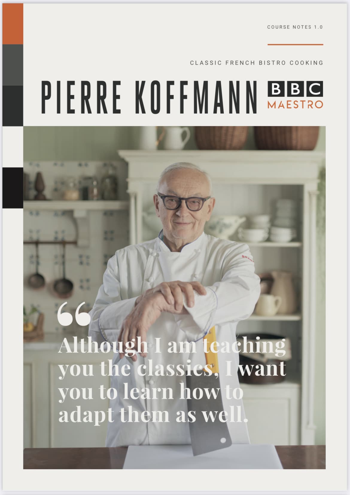 BBC Maestro course notes cover from Pierre Koffman's classic French bistro cooking course. Image shows elderly Pierre in chef's clothes leaning on a butcher's knife.