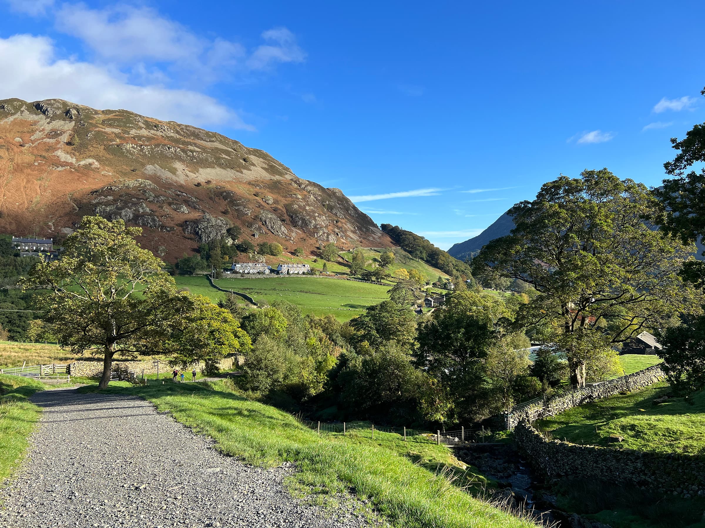 A picturesque image of a path and trees in the sunshine with Birkhouse Moor in the background. 