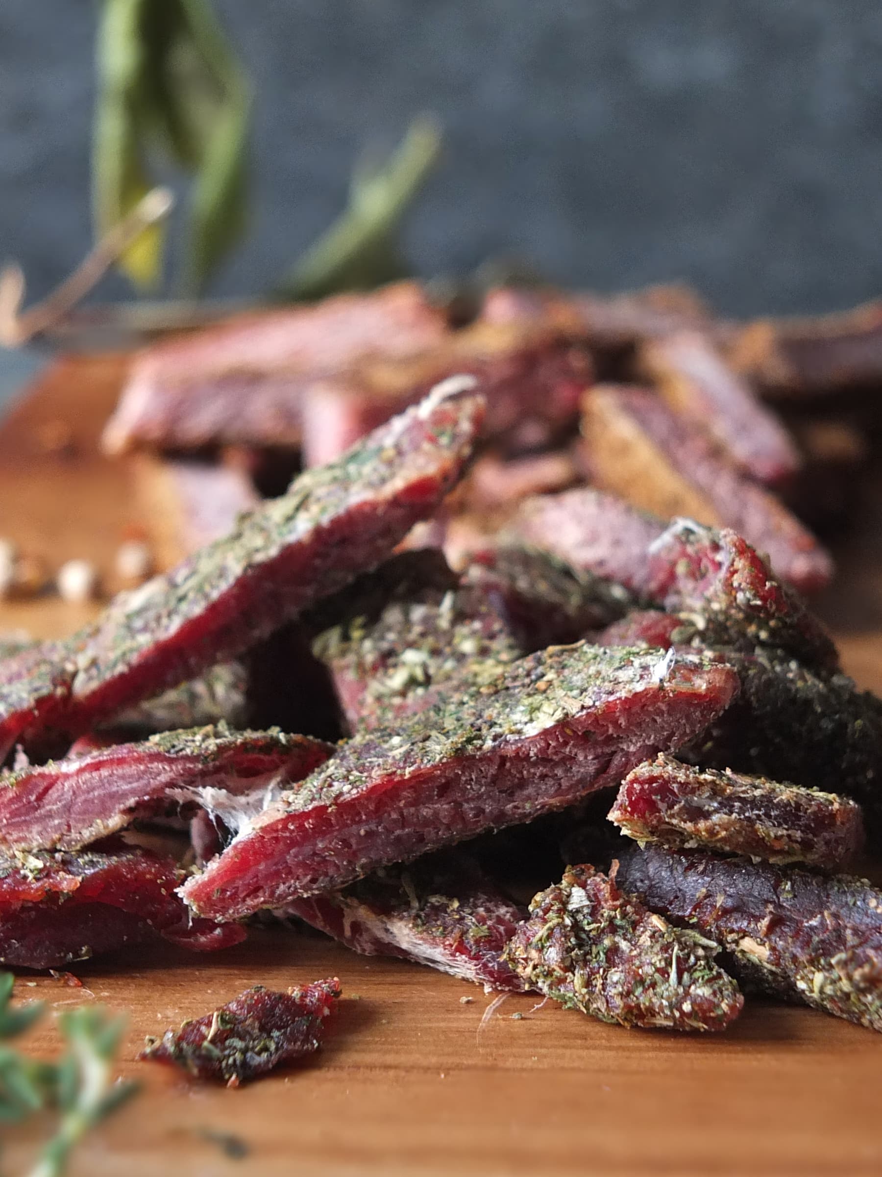 Close up photo of homemade lamb jerky.