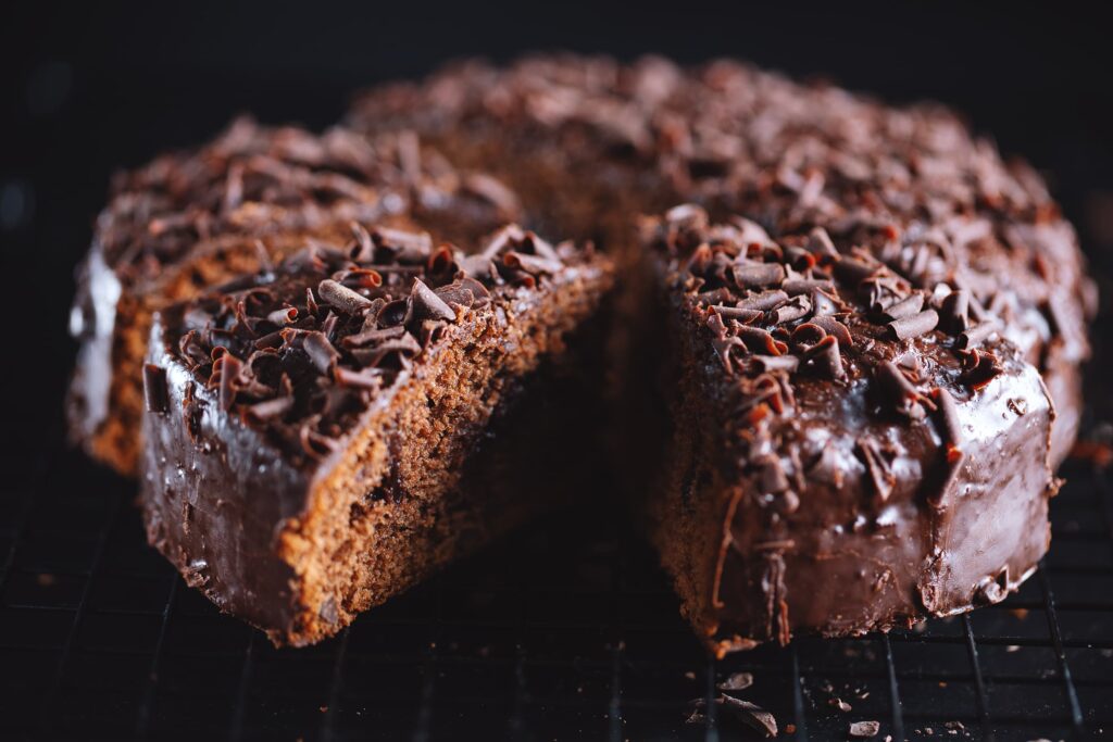 Close up photo of a slice of devil's food cake.