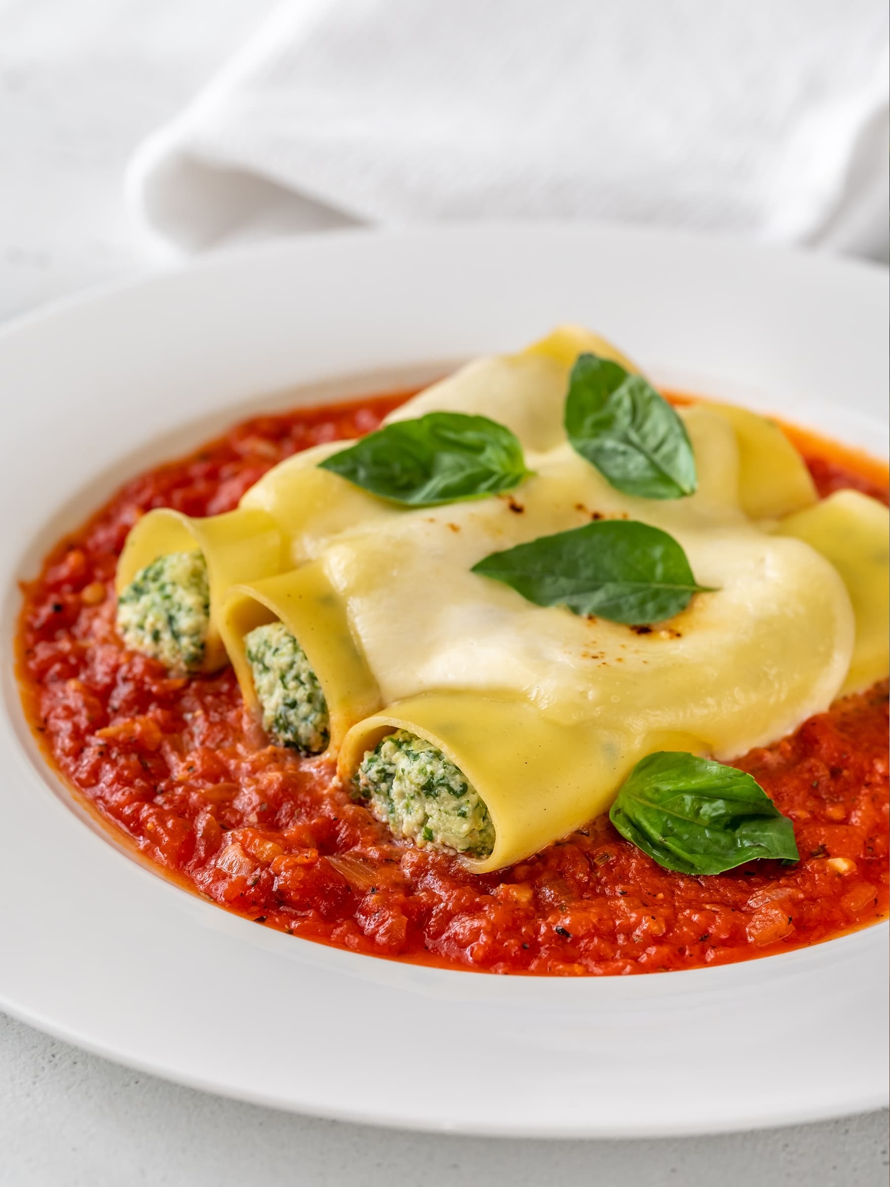 Close up image of three cannelloni tubes filled with spinach ricotta in a white bowl with napoli sauce. Basil leaves are scattered on top.