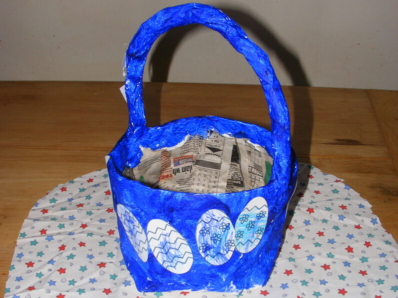 Image of finished painted newspaper easter basket.