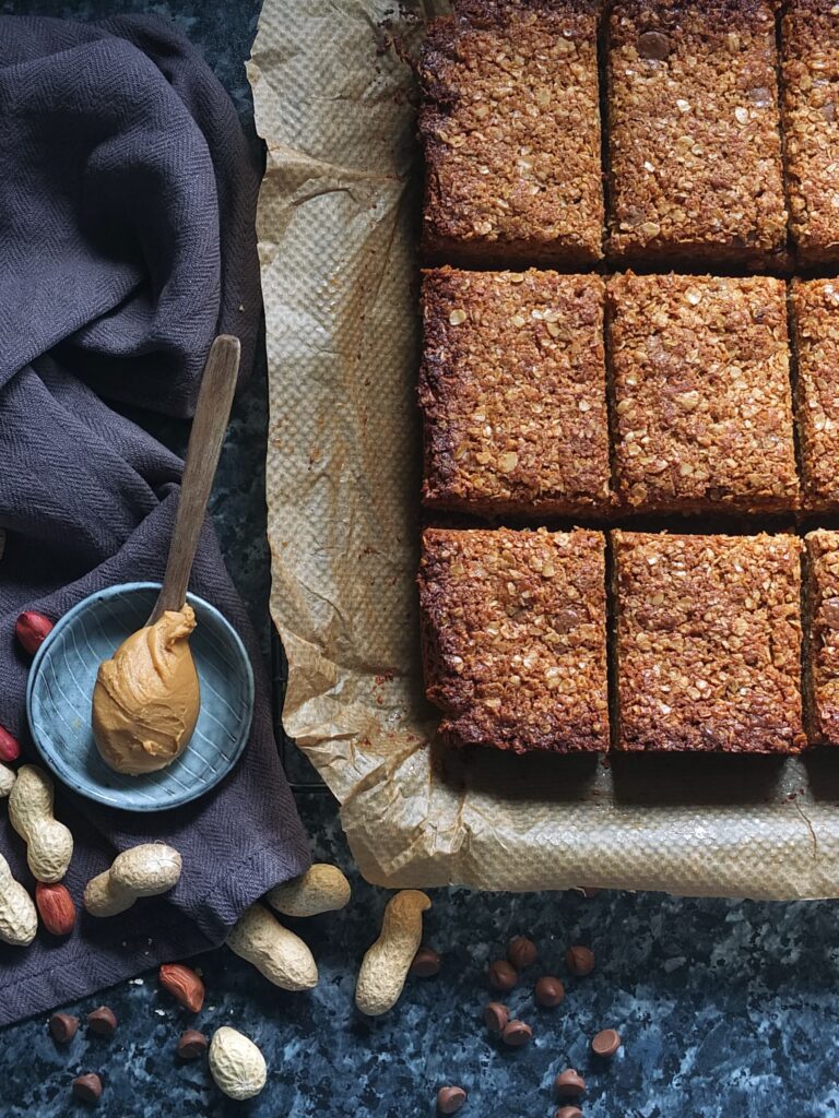 Image of peanut butter flapjacks cut into servings.