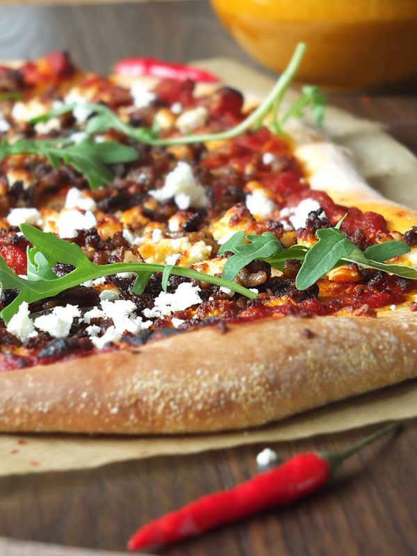 Spicy Lamb Pizza with Feta, Rocket & Yogurt Drizzle Elizabeth's
