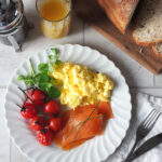 Lazy Sunday Morning Scrambled Eggs with Beech & Oak Smoked Scottish Salmon & Roasted Tomatoes
