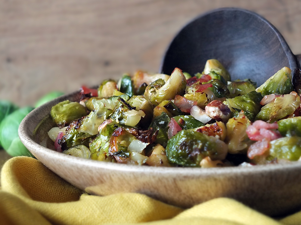 Maple Roasted Brussels Sprouts with Bacon and Hazelnuts