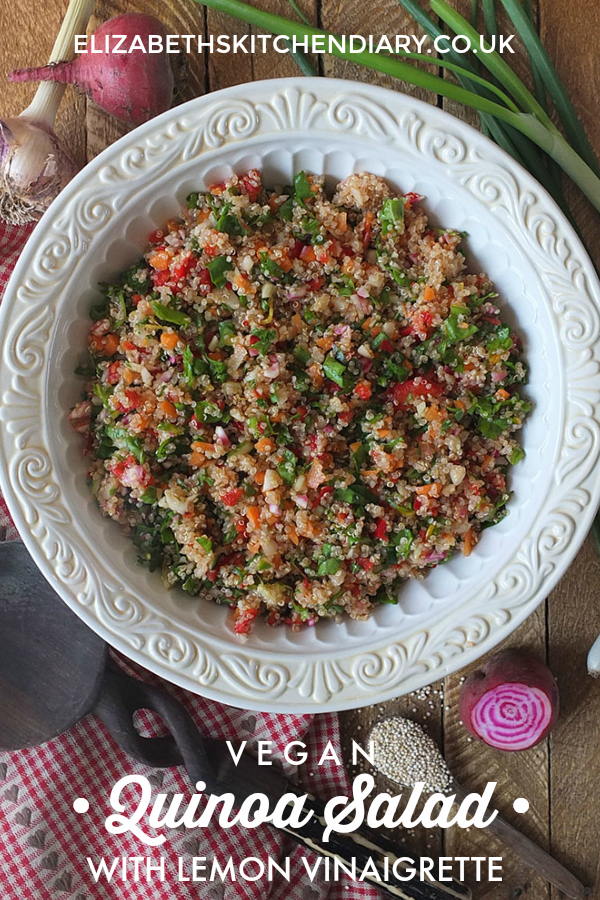 Vegan Quinoa Salad made with seasonal summer vegetables and a lemon vinaigrette. #vegan #vegetarian #vegetarianrecipes