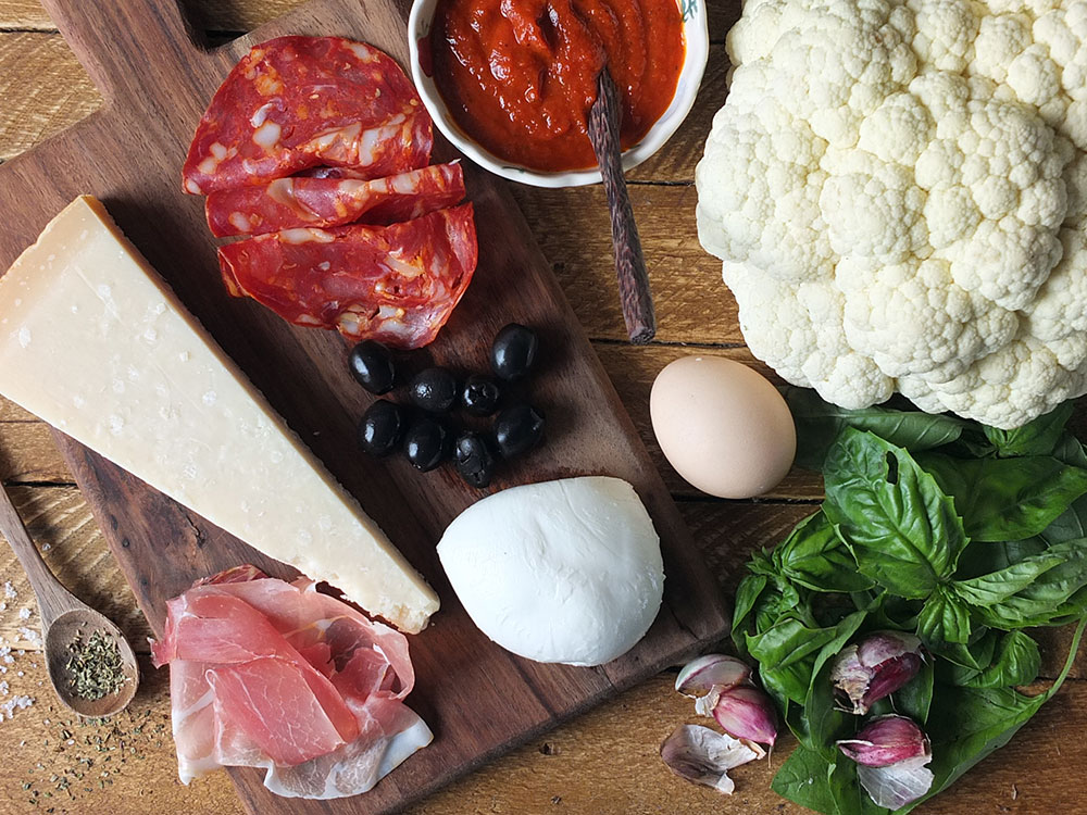 Ingredients for low-carb, gluten-free, high-protein cauliflower pizza crust