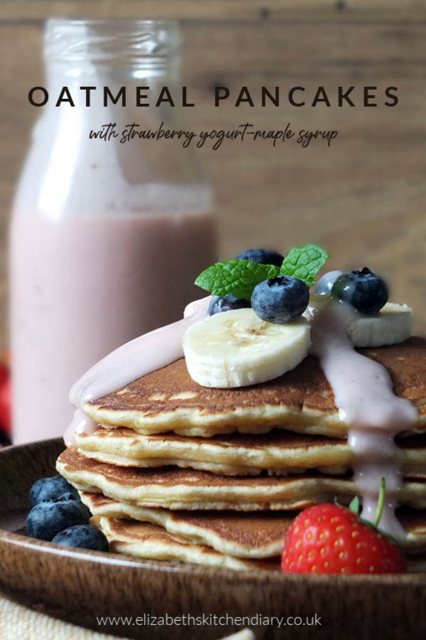Oatmeal pancakes with a strawberry yogurt-maple syrup drizzle #pancakes #oatmeal #yogurt