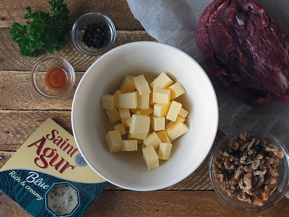 Ingredients for steak with blue cheese walnut butter