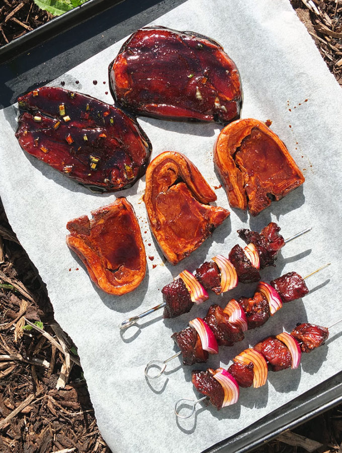 Three super easy Asian-inspired BBQ lamb marinades for lamb steaks, lamb chops and cubed lamb shoulder kebabs. #bbq #barbecuemarinade #marinade #lamb #bbqrecipe #barbecuerecipe